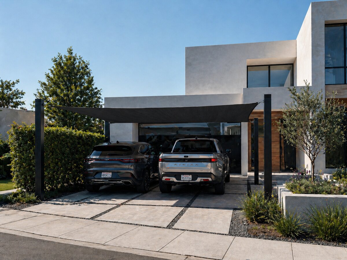 A charcoal-gray fabric shade sail covering two vehicles in front of a contemporary modern stucco home